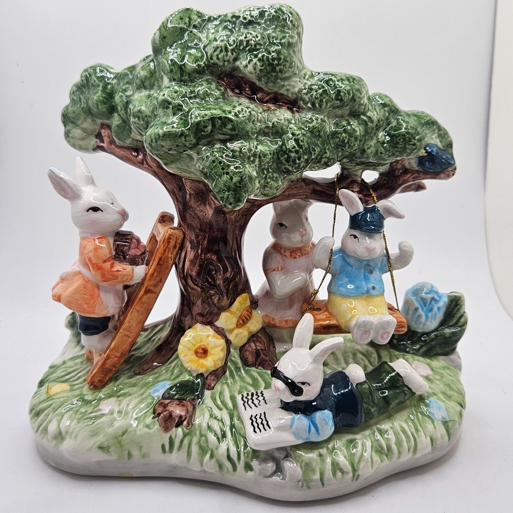 Vintage World Bazaar Easter Bunny Rabbit Family Under Tree Figurine Spring Decor